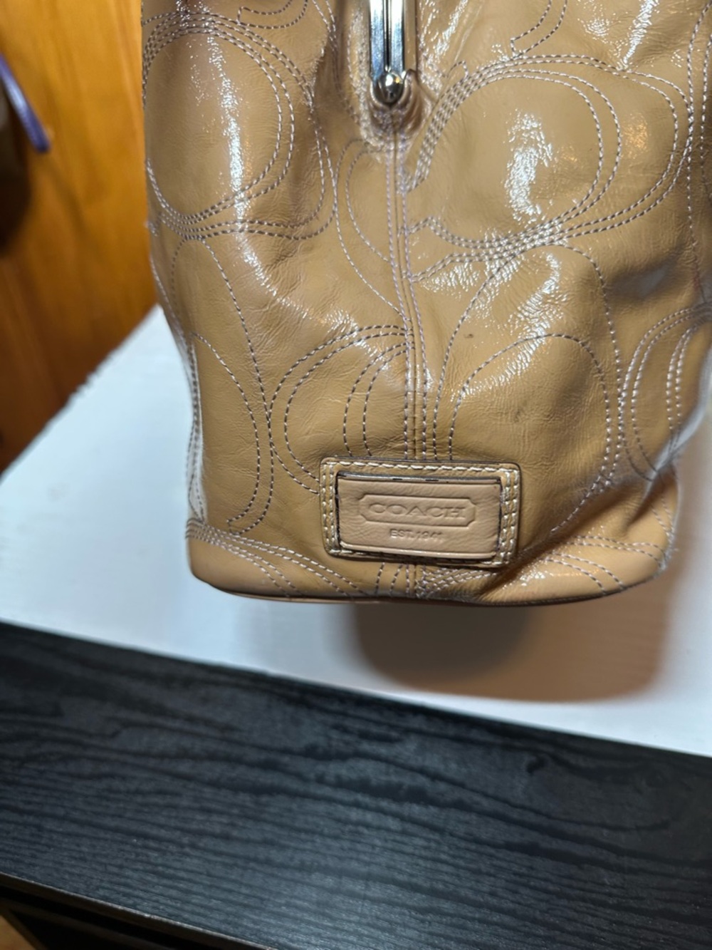 Coach Beige Patent Leather Tote with Signature Stitching - Picture 6 of 16